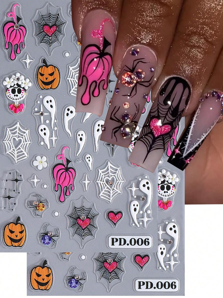 2 Sheets Gold Metal Gothic Halloween Nail Stickers, Scary Self-Adhesive Nail Decals With Skull, Bone, Vintage Key, Bat, Pumpkin And Moon, Halloween Letter Design, DIY Nail Art Decoration, Suitable For Halloween Festival - Multicolor - View 1