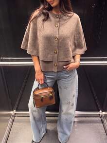 Chunky Knit Shawl Collar Cover Up, Front Button Design, Loose Fit Layering Outerwear For Autumn/Winter, Asymmetric Earth Tone Aesthetic Knit Sweater - Camel - View 2