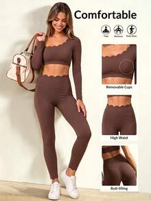 Women's Lace Trim Long Sleeve Cold Shoulder Sports Top, Skin-Friendly With Built-In Bra Pads, Versatile Yoga Fitness Top - Burgundy - View 6