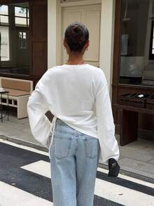Women's Pure Cotton Long Sleeve T-Shirt, Round Neck, Side Drawstring Ruched Asymmetrical Hem, Cropped Y2K Casual Top - Off White - View 8