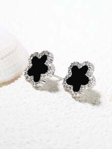 1pair Silver-Color Fashionable Zirconia Flower Ear Studs, Elegant Gift For Women Valentines,Mom,Mother,Mother's Day,Gift - Black - View 6