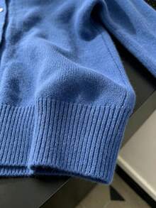 Soft Heart Embroidered Round Neck Knit Cardigan - Light Blue - View 5