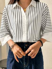 Women's Single-Breasted Casual Loose Striped Mid-Sleeve Shirt - Apricot - View 3
