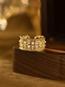 1pc Minimalist Elegant Vintage Pattern Filigree Mesh Faux Pearl Fashion Ring For Women, Wedding, Banquet, Traditional Festival Accessory - Yellow Gold - View 12
