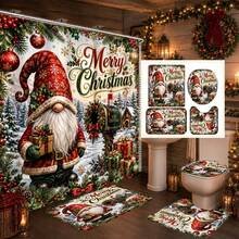 1pc/4pcs Christmas Vintage Faceless Gnome Multi-Function Bathroom Decor Shower Curtain Set, Free 12 Hooks, Premium Holiday Atmosphere, Bathroom Mat, U-Shaped Rug And Round Toilet Lid Cover, Suitable For All Christmas Scenes - Dwarf 8 - View 1