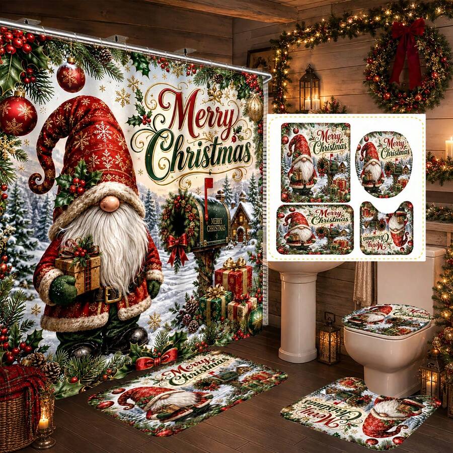 1pc/4pcs Christmas Vintage Faceless Gnome Multi-Function Bathroom Decor Shower Curtain Set, Free 12 Hooks, Premium Holiday Atmosphere, Bathroom Mat, U-Shaped Rug And Round Toilet Lid Cover, Suitable For All Christmas Scenes - Dwarf 8 - View 1