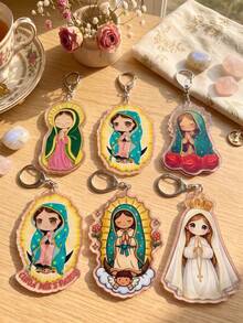 6pcs Cute Our Lady Of Guadalupe Acrylic Keychains, Cartoon Virgin Mary Religious Key Rings, Catholic Faith Hanging Decor Key Fobs, Suitable For Bags, Backpacks, Purses, Christian Spiritual Gifts For Women And Girls - Multicolor - View 5