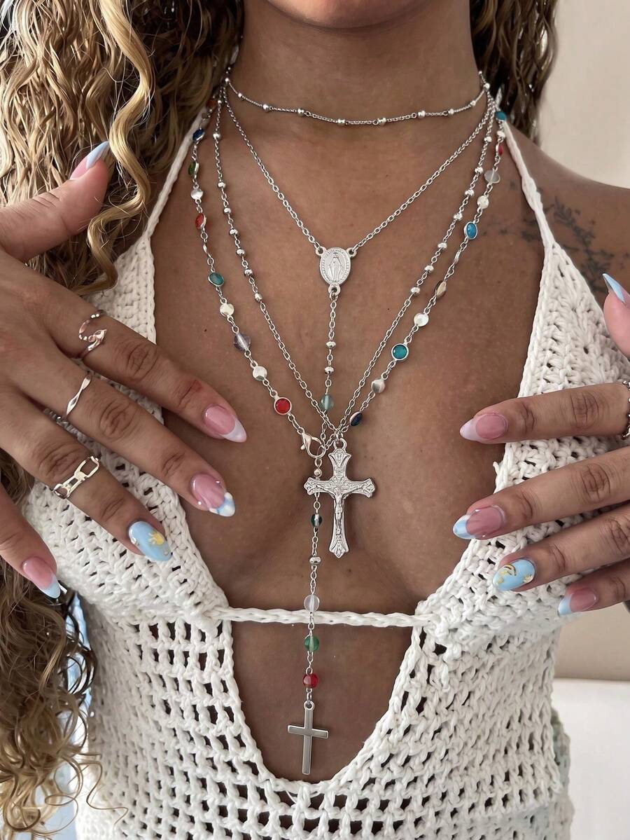 4pcs Fashionable Colorful Chain Necklace Set, Y-Shaped & Cross Pendant Long Necklaces, Suitable For Travel, Dating, Party - Multicolor - View 1