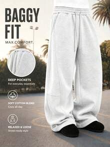 Men's Loose Wide Leg Sweatpants, Men's Sports Long Pants, Solid Color Design With Drawstring Detail, Long Casual Style Sweatpants, Polyester Fabric, Suitable For Daily Wear, Sports And Other Occasions, Versatile Item For Autumn/Winter - Light Grey - View 1