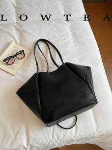 Low Tea 2件組純色PU布料女款休閒大容量托特包 BOOK Bag，雙手柄設計，磁吸開合，適合旅行、購物、約會，女性禮物，適合青少年女孩、大學生、職場新人與白領上班族，完美適用於辦公室、校園、工作、商務、通勤、戶外、旅行、出遊 - 黑色 - 查看 9