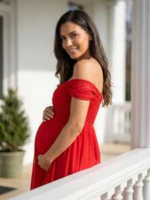Off-The-Shoulder Lace Maternity Dress - Red - View 6