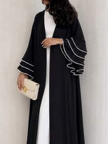 Hafizah Modest Elegant Black Long Sleeve Women's Robe, Decorated With Pearl Beaded Details, Long Woven Fabric. Hijab Not Included - Black - View 6