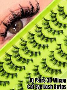 10 Pairs Fluffy False Eyelashes, 3D Slim Cat Eye Lash Strips, Dramatic Voluminous Criss-Cross Style, Transparent Clear Lash Band, Soft Lightweight Reusable, Suitable For Daily Makeup, Party, Date And Special Occasions - Black - View 1