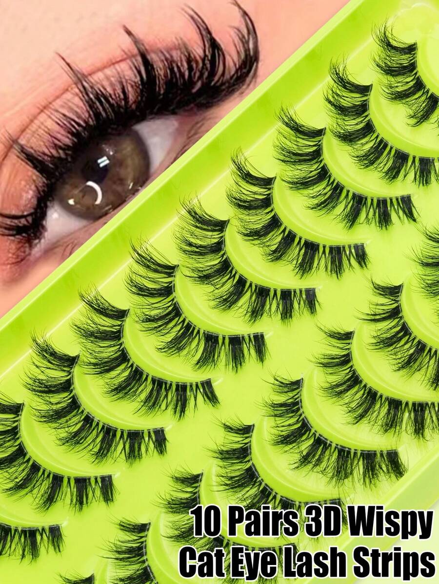 10 Pairs Fluffy False Eyelashes, 3D Slim Cat Eye Lash Strips, Dramatic Voluminous Criss-Cross Style, Transparent Clear Lash Band, Soft Lightweight Reusable, Suitable For Daily Makeup, Party, Date And Special Occasions - Black - View 1