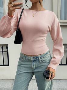SCARLUX Sweater Rajut Dasar Pink Gaya Y2K Musim Gugur/Musim Dingin untuk Wanita, Leher Perahu, Lengan Panjang, Potongan Pendek, Pas Badan, Cocok untuk Pakaian Sehari-hari Kembali ke Sekolah/Jalanan - Berwarna merah muda - View 2