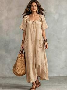 Textured Linen Square Neck Pocket Long Sun Dress, Beige Casual Beach Vacation Maxi Dress, Suitable For Summer, Autumn And Independence Day Country Trip - Champagne - View 1