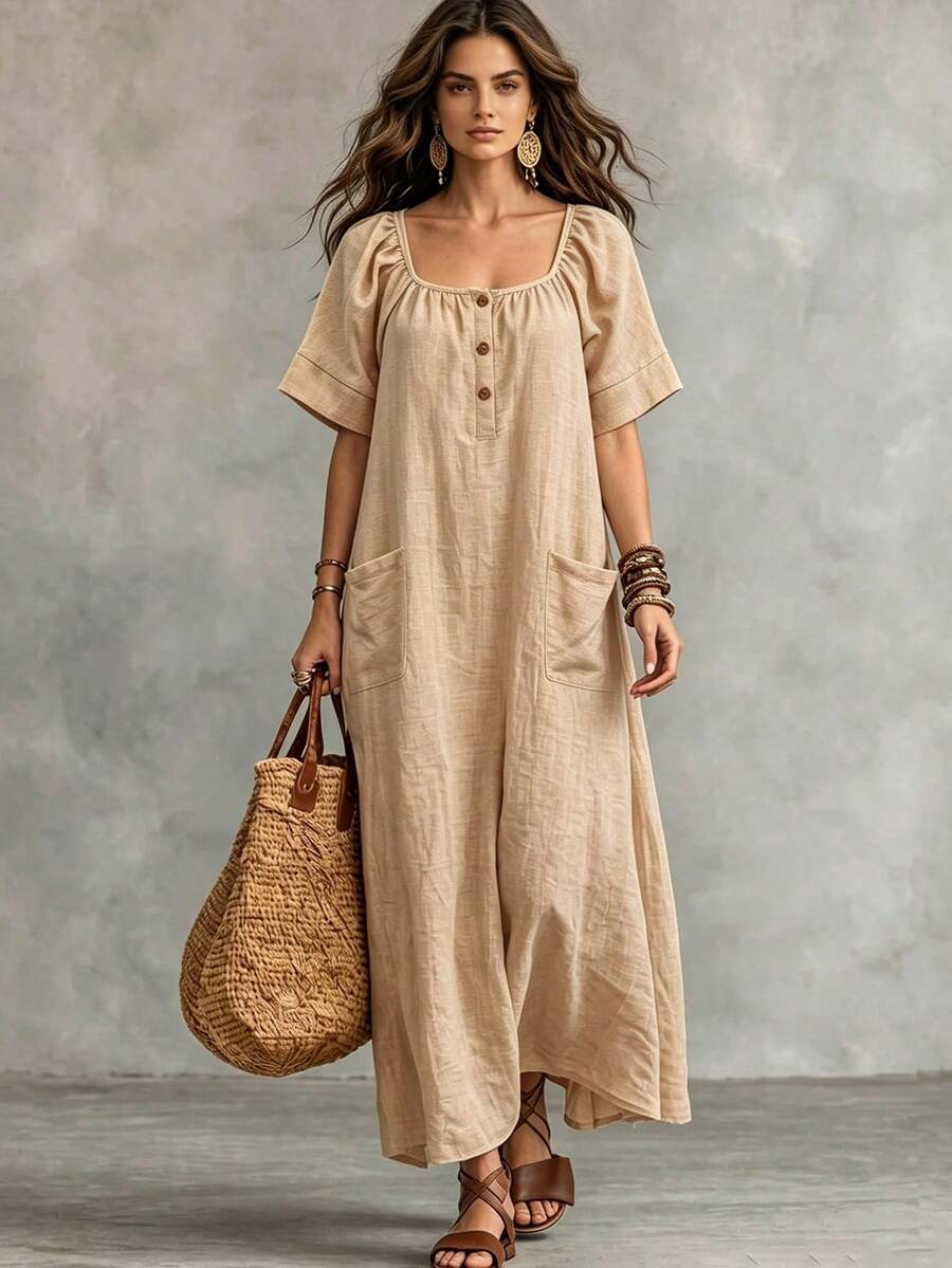 Textured Linen Square Neck Pocket Long Sun Dress, Beige Casual Beach Vacation Maxi Dress, Suitable For Summer, Autumn And Independence Day Country Trip - Champagne - View 1