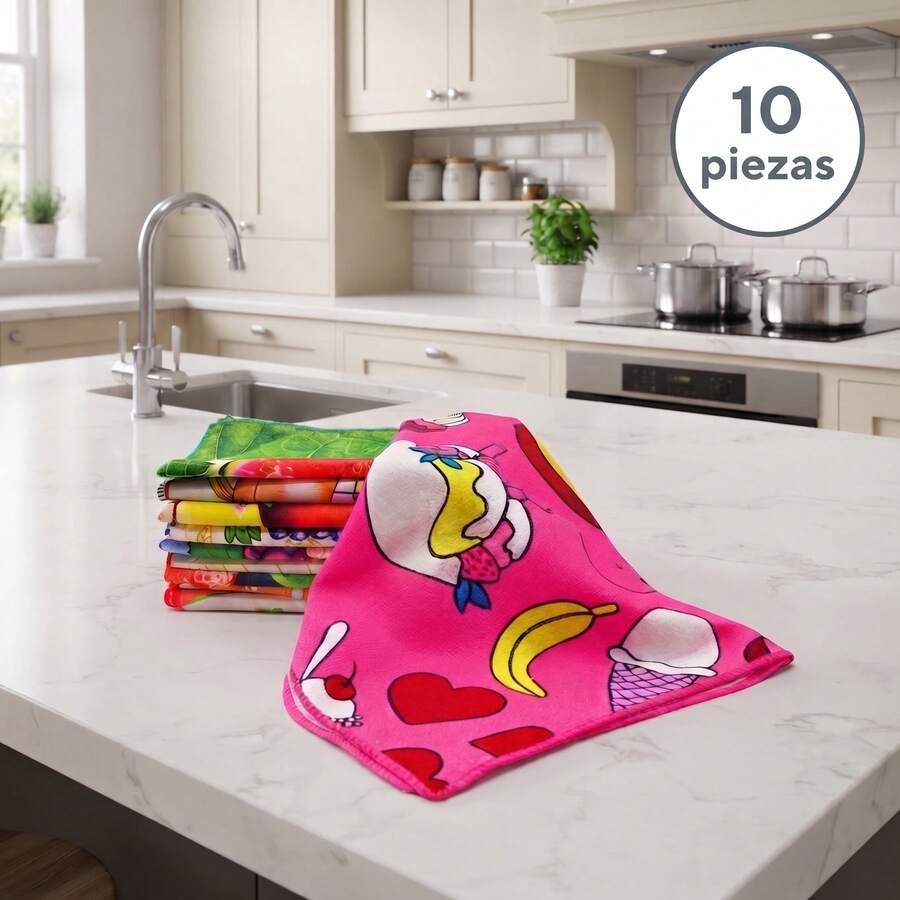 10-Piece Hand Towel Set - Kitchen Towels - Microfiber - Soft Touch - Assorted Designs - Multicolor - View 1