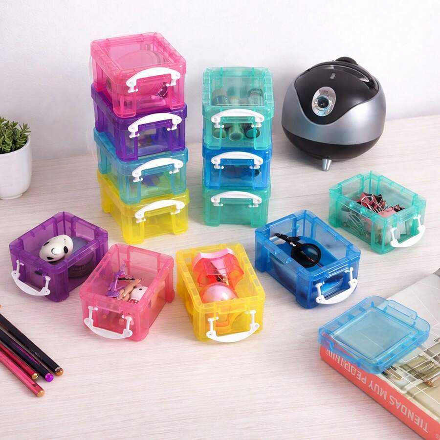 AG BOX Set De 16 Mini Cajas Organizadoras Transparentes De Colores Con Tapa Y Broches Almacenamiento Apilable Para Manualidades, Cuentas, Joyería, Costura Y Papelería De Escritorio - Multicolor - Ver 1