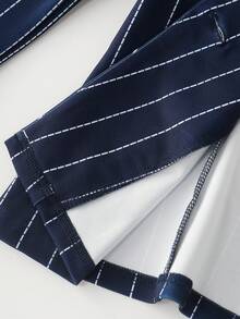 Women's Vintage Striped Front Button Crew Neck Long Sleeve Woven Blazer Jacket, Regular Length With Pockets, Slightly Stretchy, Suitable For Autumn/Winter Style - Royal Blue - View 6