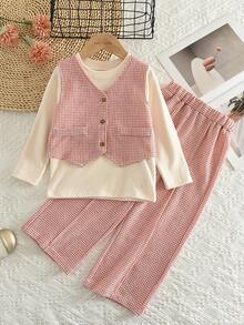 bearleader 3pcs/Set Girls Solid Color Base Layer + Red & White Plaid Tank Top + Casual Pants Autumn/Winter Fashion Outfit - Red - View 1