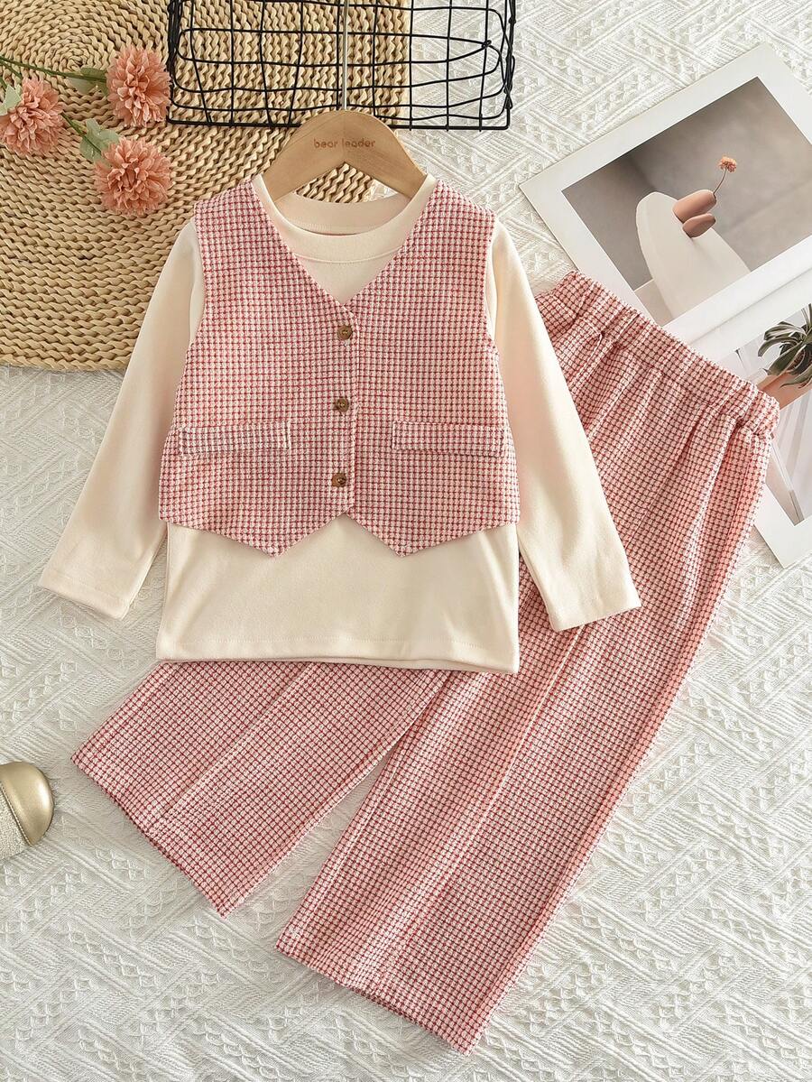 bearleader 3pcs/Set Girls Solid Color Base Layer + Red & White Plaid Tank Top + Casual Pants Autumn/Winter Fashion Outfit - Red - View 1