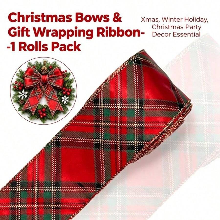 5yd/63mm(2.5inch) Glossy Satin Wired Ribbon, Christmas Red & Green Plaid, Bow Ribbon, Burlap, For Party Decoration/Party Wreath/Handmade/Bow Making/Home Decor - Holiday Ribbon Set - View 1
