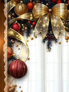 1pc Christmas Atmosphere Decoration Christmas Ball, Snowflake, Reindeer, Pine Needle Pattern Rod Pocket Curtain With Tassel And Scalloped Edge, Eyelet Design Light-Filtering But Privacy-Protecting Rod Pocket Curtain, Suitable For Living Room And Bedroom, Door Curtain, Kitchen Curtain, Noise Reduction, Christmas Decoration Rod Pocket Curtain Valance - Multicolor - View 3