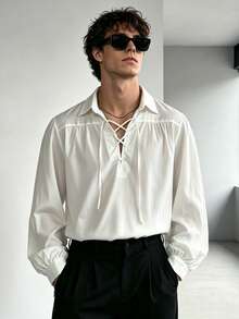 WAIT HIM Men's Vintage Lace-Up Puff Sleeve Shirt, Renaissance Style Loose White Casual Top, Suitable For Cosplay And Daily Wear - White - View 1