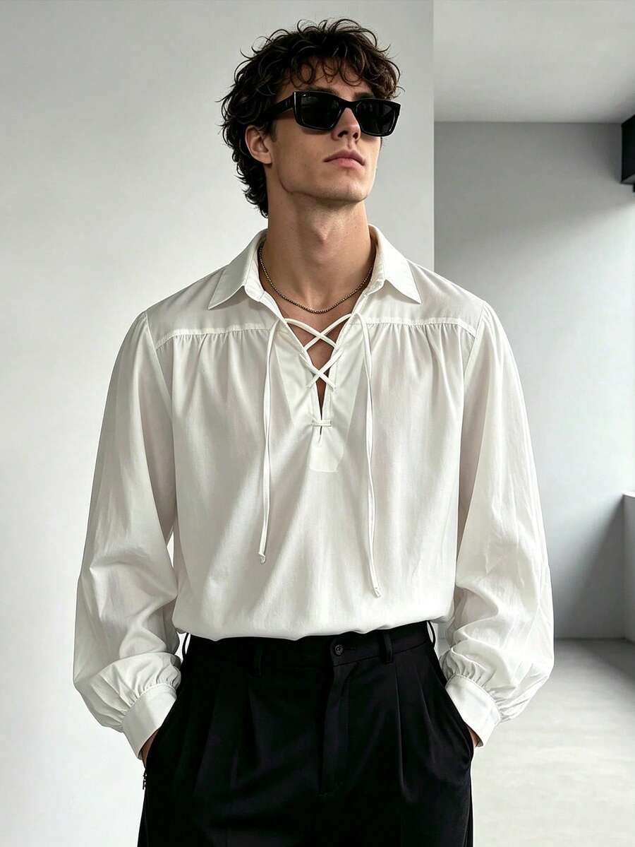 WAIT HIM Men's Vintage Lace-Up Puff Sleeve Shirt, Renaissance Style Loose White Casual Top, Suitable For Cosplay And Daily Wear - White - View 1