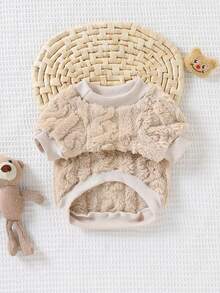 Autumn/Winter Jacquard Plush Cute Pet Cat/Dog Sweatshirt, Adorable Bear Embroidery, Ribbed Collar And Cuffs, Comfortable For Outings - Apricot - View 3
