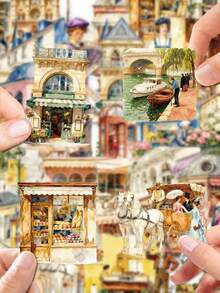 50Pcs PET Vintage Paris Street Stickers, Patterns Of European Buildings, Retro Figures, Eiffel Tower And Flower‑Shop Street Scenes, Suitable For Journals, Water Bottles, Notebooks, Storage Boxes, Skateboards, Helmets, Luggage, Laptops, Guitars - Multicolor - View 3