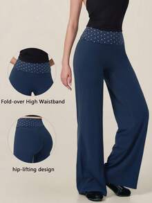 TimeOff 1pc Women's Polka Dot Print Wide Leg Sporty Long Pants With Folded Waistband - Navy Blue - View 3