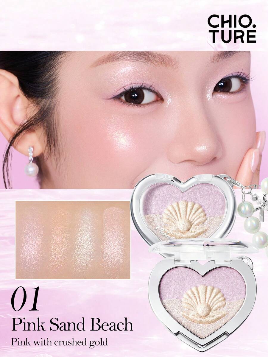 CHIOTURE Seashell Sweetheart 三色高光盤,打造水潤光澤肌,提亮臉部與眼頭內角,白色配紫色細緻閃粉,鑽石閃耀感,緞面珍珠光澤,奶油慕斯質地,多功能調色盤,適合新手 - 01 粉紅沙灘 - 查看 1