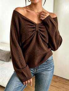 Sweater Rajut Lengan Panjang Kasual Warna Polos Ukuran Besar dengan Kerah V Rendah dan Detail Kerut di Bahu. - Coklat - View 7