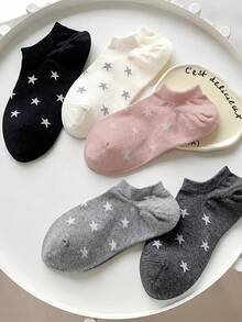 1/5 Pairs Women's Cute Star Pattern Multi-Color Boat Socks, Soft Comfortable Versatile, Ankle Socks, Random Style, Suitable For Daily Wear, All Seasons - Multicolor - View 2