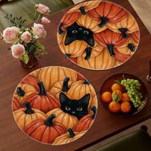 1/4/6pcs Autumn Collection Black Cat In Pumpkin Pile Hand-Painted Pattern Placemats, Polyester Fiber, Suitable For Home Kitchen Table Decoration And Party Scene Decor - Multicolor - View 5