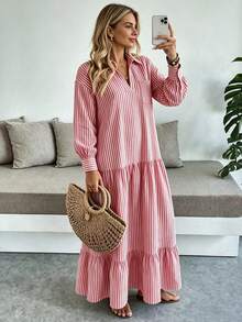 Women's Striped Long Shirt Dress, Bohemian Casual Dress, V-Neck Vertical Striped Loose Cover-Up, Lantern Sleeves, Layered Hem, Vacation Beach Wear, Elegant. - Multicolor - View 1