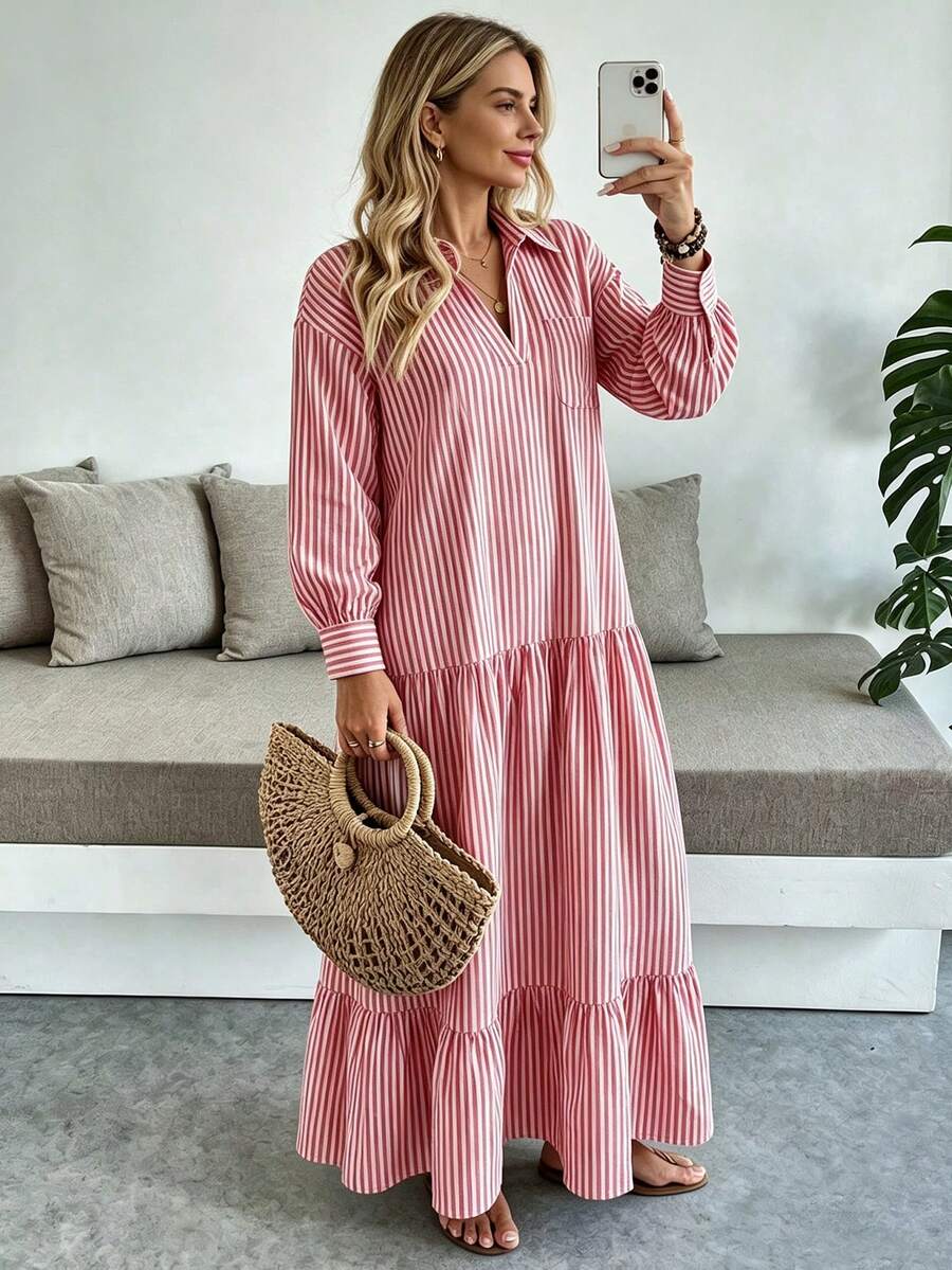 Women's Striped Long Shirt Dress, Bohemian Casual Dress, V-Neck Vertical Striped Loose Cover-Up, Lantern Sleeves, Layered Hem, Vacation Beach Wear, Elegant. - Multicolor - View 1