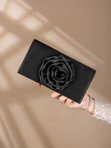 Satin Rose-Shaped Clutch Bag Envelope Bag Evening Bag - Black - View 7