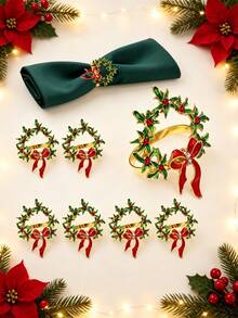 12pcs/8pcs/4pcs Christmas Wreath Napkin Ring Set, Red Bow Decor, Rhinestone Design, Holiday Party Table Decor, Banquet Table Napkin Holder, Christmas Decoration, New Year Decoration - Multicolor - View 2
