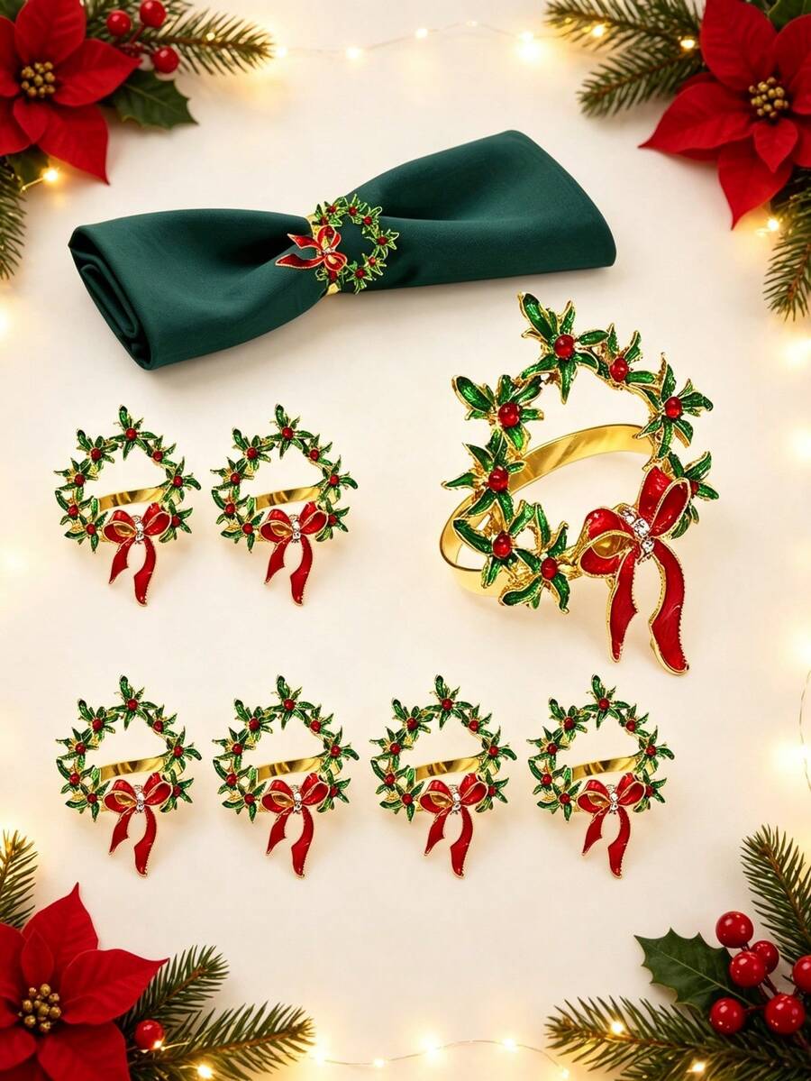 12pcs/8pcs/4pcs Christmas Wreath Napkin Ring Set, Red Bow Decor, Rhinestone Design, Holiday Party Table Decor, Banquet Table Napkin Holder, Christmas Decoration, New Year Decoration