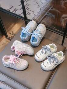1 Pair Kids Macaron Colorblock Mesh Chunky Sneakers, Soft Sole, Breathable, Hook & Loop Strap, Lace-Up, Non-Slip, Durable, Casual Sports Shoes For Spring And Autumn - Beige - View 1