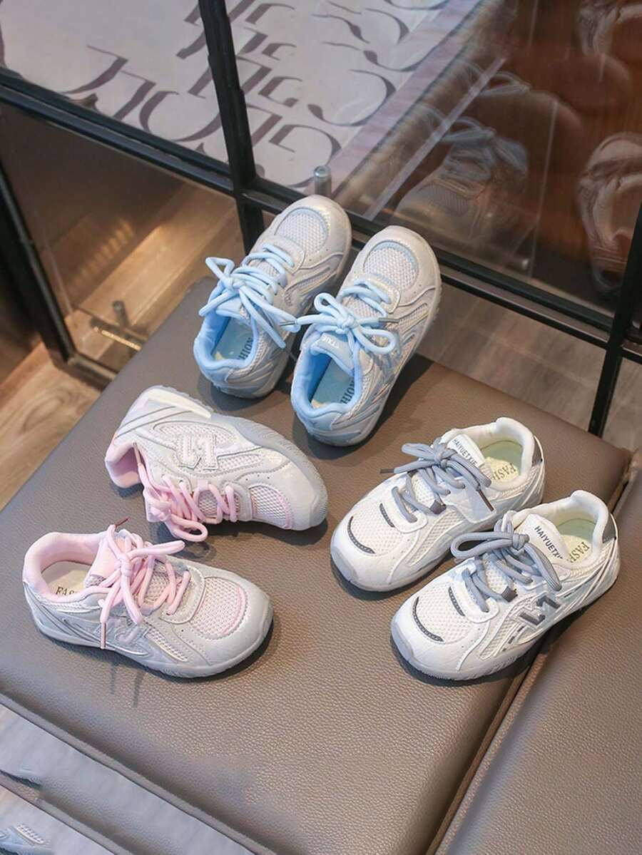 1 Pair Kids Macaron Colorblock Mesh Chunky Sneakers, Soft Sole, Breathable, Hook & Loop Strap, Lace-Up, Non-Slip, Durable, Casual Sports Shoes For Spring And Autumn - Beige - View 1