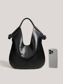 Tote Bag With Knotted Shoulder Strap, Contrast Stitching Detail, Relaxed Casual Vibe, Loose Large Capacity, Suitable For Commuting, Shopping, Travel, Outings, Premium Vintage Niche Design - Black - View 3