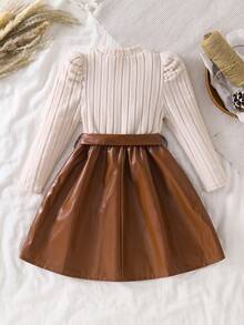 Girls' Warm Brown Autumn Knit Long Sleeve Dress With 3D Bow Decor And Leather Patchwork, Earth Tone, Slightly Stretchy, Suitable For Children's Daily Wear, Spring Gift - Brown - View 2