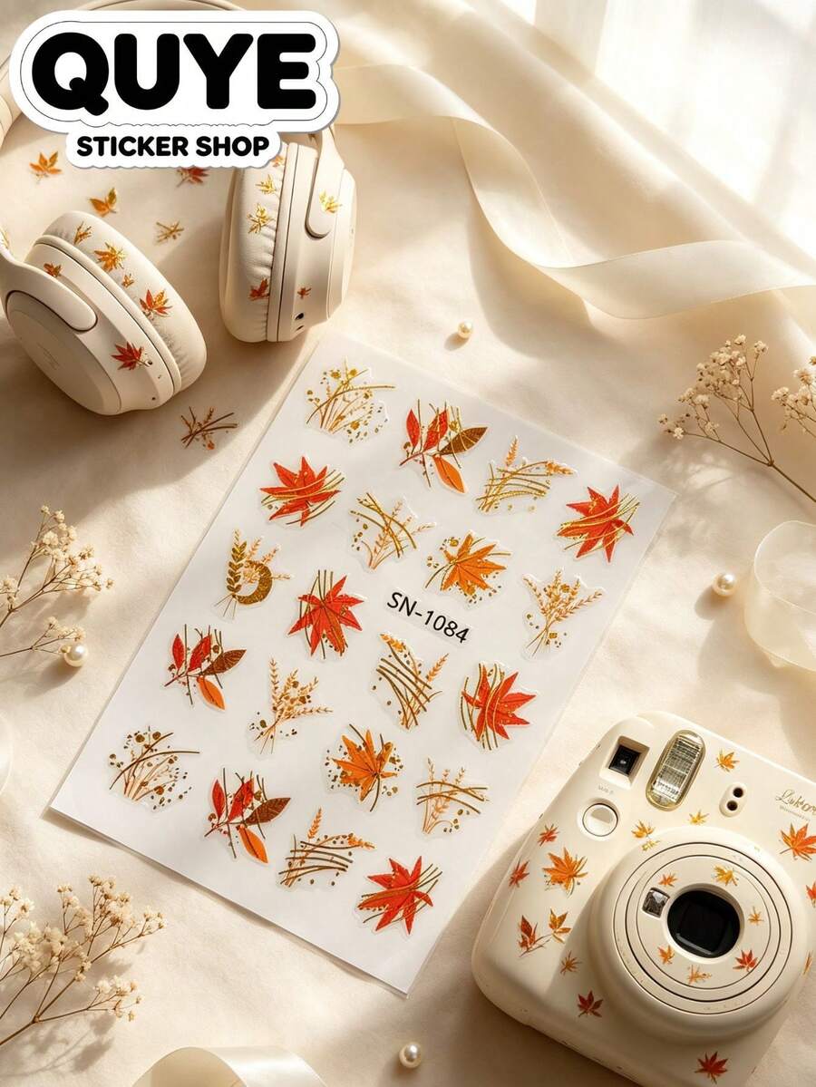 1 Set, Journaling Supplies, Stickers For Laptop, Gold Foil Plant Illustration, Delicate Autumn Maple Leaf Design, Luxe Fall Vibe, Thin Gold Line Embellished, Nail Art Decals, Multi-Scene Decor Stickers - SN-1084 - View 1