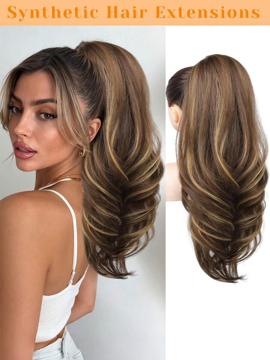 18 Inch Long Wavy Multi-Layer Clip-In Ponytail Extension, High-Volume Soft Hair Piece, Chocolate Brown With Highlights