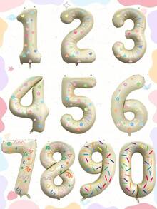 Creative Birthday Number Balloons, 2 Large 40-Inch Cream Color 0-9 Number Foil Balloons, With Colorful Heart, Confetti, Geometric Shape, Flower Stickers, Suitable For Birthday Creative Party, Anniversary Celebration, Baby Shower Decoration - 40inch - View 2