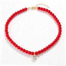 1pc Elegant Ins Style Exquisite Copper Geometric Square Zirconia Inlaid Heart & Portrait Glass Beaded Seed Bead Necklace For Women, Suitable For Outings, Shopping, Daily Casual, Parties, Travel, Fashionable Charming Women's Jewelry, Beaded Jewelry, Heart Jewelry, Wedding Season Gift, Christmas - Red - View 9